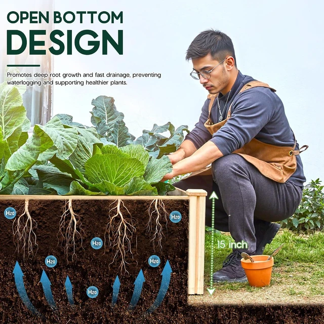Alt view image 2 of 7 - 8x4 Ft Wood Raised Garden Bed, Durable 15 Inch Depth Planter Box for Vegetables, Herbs, and Flowers, Ideal for Outdoor Gardening with Open Base