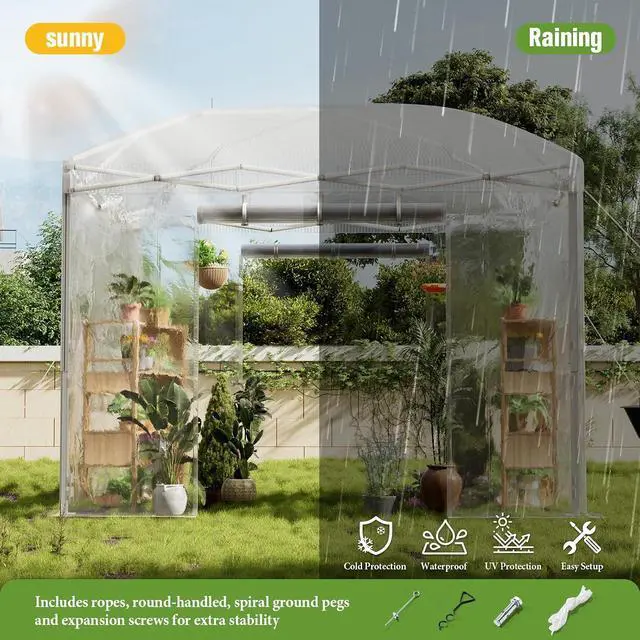 Alt view image 5 of 7 - 10×10×8.5 FT Portable Walk-in Greenhouse for Indoor & Outdoor Use, Pop-Up Greenhouse with Adjustable Reinforced Frame, Roll-Up Zipper Doors, Ventilation Windows & PE Cover, White