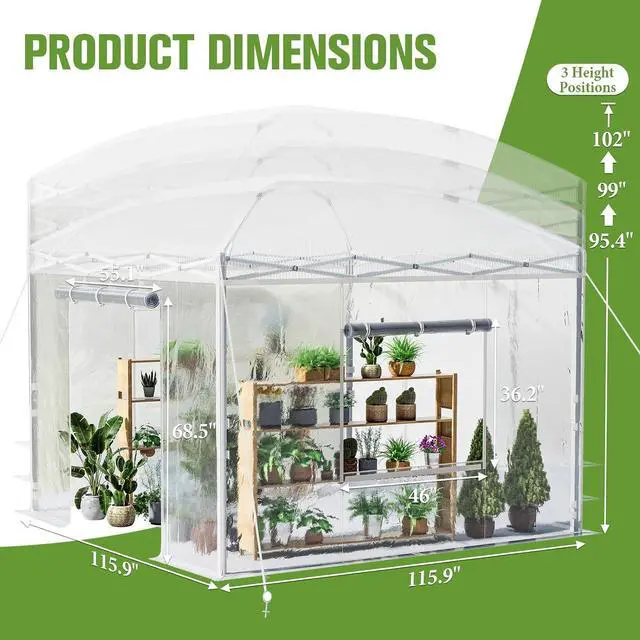 Alt view image 2 of 7 - 10×10×8.5 FT Portable Walk-in Greenhouse for Indoor & Outdoor Use, Pop-Up Greenhouse with Adjustable Reinforced Frame, Roll-Up Zipper Doors, Ventilation Windows & PE Cover, White