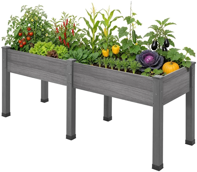 Main image of Raised Garden Bed, 72x24x30 Inches Elevated Wood Planter Box with Bed Liner, Legs, Divider, Drainage Holes, Stand for Backyard, Patio, 350 Lb Capacity - Grey