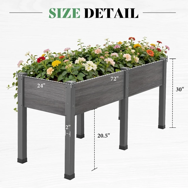 Alt view image 7 of 7 - Raised Garden Bed, 72x24x30 Inches Elevated Wood Planter Box with Bed Liner, Legs, Divider, Drainage Holes, Stand for Backyard, Patio, 350 Lb Capacity - Grey