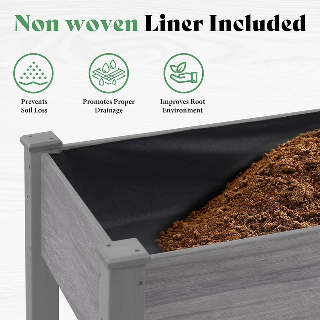 Alt view image 2 of 7 - Raised Garden Bed, 72x24x30 Inches Elevated Wood Planter Box with Legs, Bed Liner, Divider and Drainage System for Backyard, Patio, 300 lb Capacity - Grey