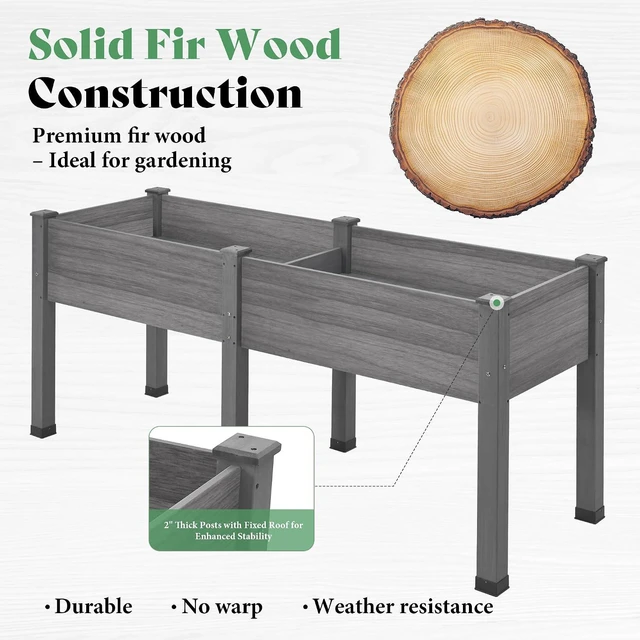Alt view image 6 of 7 - Raised Garden Bed, 72x24x30 Inches Elevated Wood Planter Box with Legs, Bed Liner, Divider and Drainage System for Backyard, Patio, 300 lb Capacity - Grey