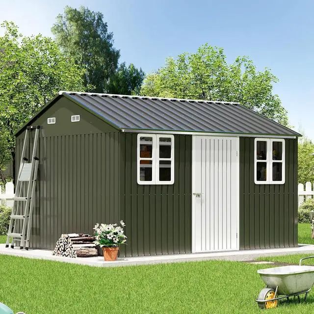 Main image of 10 x 12 FT Outdoor Storage Shed, Nordic Cottage Metal Shed with Lockable Hinged Door, 2 Windows, Waterproof Storage Shed for Backyard, Garden, Patio, Dark Grey/White