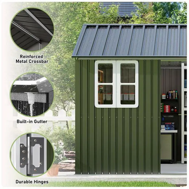 Alt view image 3 of 7 - 10 x 12 FT Outdoor Storage Shed, Nordic Cottage Metal Shed with Lockable Hinged Door, 2 Windows, Waterproof Storage Shed for Backyard, Garden, Patio, Dark Grey/White