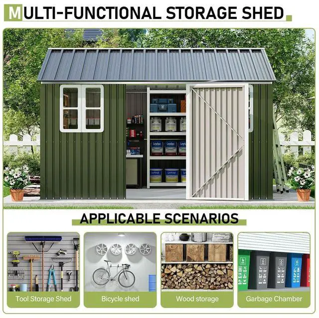 Alt view image 4 of 7 - 10 x 12 FT Outdoor Storage Shed, Nordic Cottage Metal Shed with Lockable Hinged Door, 2 Windows, Waterproof Storage Shed for Backyard, Garden, Patio, Dark Grey/White