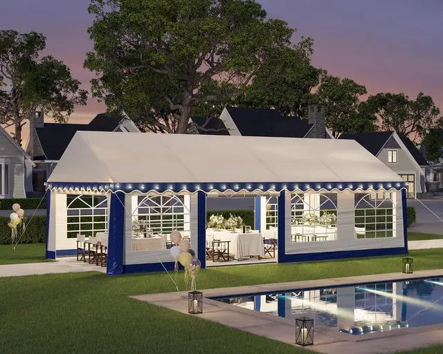Alt view image 4 of 7 - 13x26 FT Party Tent with Sidewalls, Large Heavy-Duty Tent for Parties/Carport, Carpas para Fiestas Easy Set Up, Waterproof Outdoor Event Canopy, Weddings, Patio Camping Gazebo, Blue & White