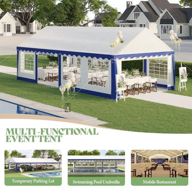 Alt view image 7 of 7 - 13x26 FT Party Tent with Sidewalls, Large Heavy-Duty Tent for Parties/Carport, Carpas para Fiestas Easy Set Up, Waterproof Outdoor Event Canopy, Weddings, Patio Camping Gazebo, Blue & White