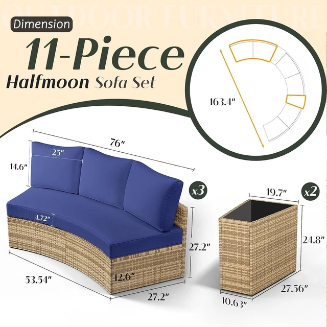 Alt view image 2 of 7 - 11-Piece Patio Furniture Set with Large Storage Wedge Table, Half-Moon Wicker Sectional Sofa with Cushions, Waterproof Rattan Outdoor Conversation Set for Beach, Pool, Garden & Balcony, Blue