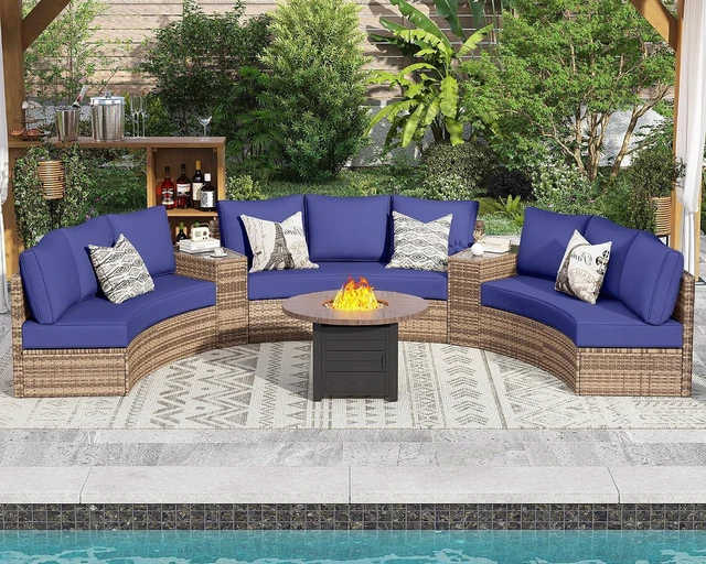 Main image of 11-Piece Patio Furniture Set with Large Storage Wedge Table, Half-Moon Wicker Sectional Sofa with Cushions, Waterproof Rattan Outdoor Conversation Set for Beach, Pool, Garden & Balcony, Blue