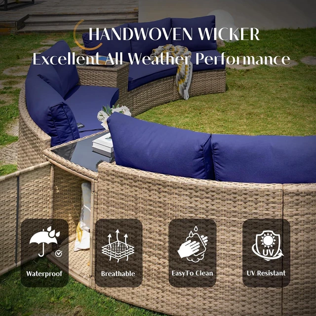 Alt view image 3 of 7 - 11-Piece Patio Furniture Set with Large Storage Wedge Table, Half-Moon Wicker Sectional Sofa with Cushions, Waterproof Rattan Outdoor Conversation Set for Beach, Pool, Garden & Balcony, Blue