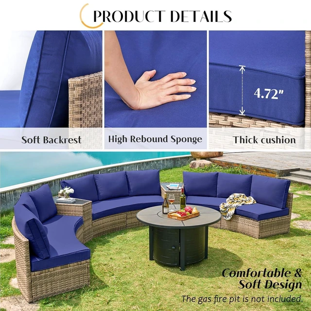 Alt view image 4 of 7 - 11-Piece Patio Furniture Set with Large Storage Wedge Table, Half-Moon Wicker Sectional Sofa with Cushions, Waterproof Rattan Outdoor Conversation Set for Beach, Pool, Garden & Balcony, Blue