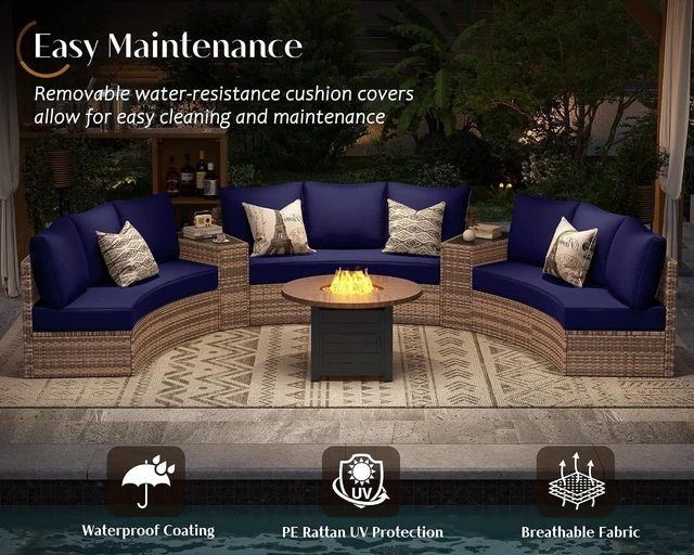 Alt view image 6 of 7 - 11-Piece Patio Furniture Set with Large Storage Wedge Table, Half-Moon Wicker Sectional Sofa with Cushions, Waterproof Rattan Outdoor Conversation Set for Beach, Pool, Garden & Balcony, Blue