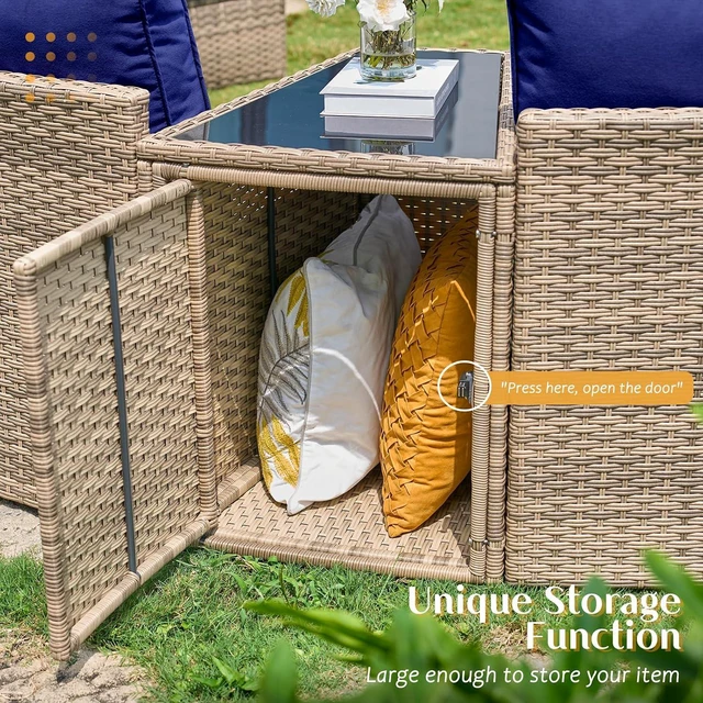 Alt view image 5 of 7 - 11-Piece Patio Furniture Set with Large Storage Wedge Table, Half-Moon Wicker Sectional Sofa with Cushions, Waterproof Rattan Outdoor Conversation Set for Beach, Pool, Garden & Balcony, Blue