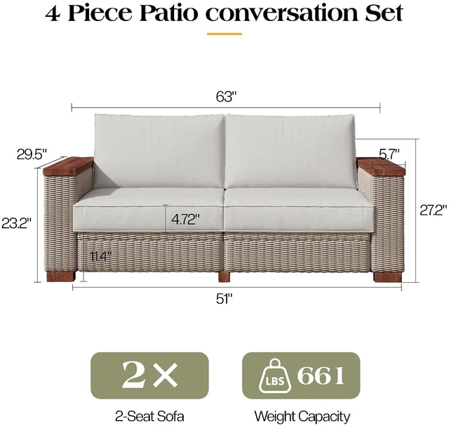 Alt view image 2 of 7 - 4-Piece Wicker Patio Furniture Set with Solid Wood Armrest, Outdoor Patio Set with Thick Legs, UV-Resistant Modular Outdoor Sectional Sofa for Backyard, Porch, Garden