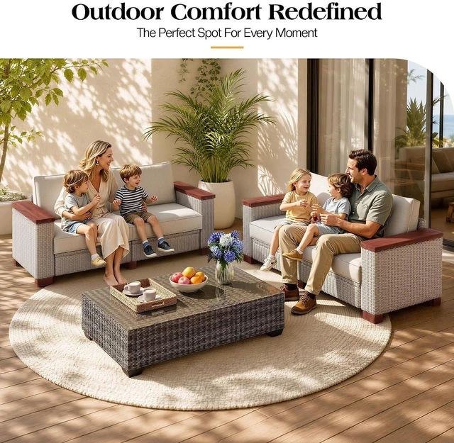 Alt view image 3 of 7 - 4-Piece Wicker Patio Furniture Set with Solid Wood Armrest, Outdoor Patio Set with Thick Legs, UV-Resistant Modular Outdoor Sectional Sofa for Backyard, Porch, Garden