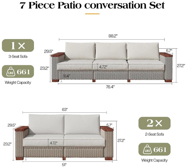 Alt view image 2 of 7 - 7-Piece Wicker Patio Furniture Set with Solid Wood Armrest, Outdoor Patio Set with Thick Legs, UV-Resistant Modular Outdoor Sectional Sofa for Backyard, Porch, Garden
