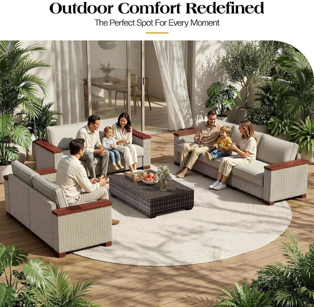 Alt view image 3 of 7 - 7-Piece Wicker Patio Furniture Set with Solid Wood Armrest, Outdoor Patio Set with Thick Legs, UV-Resistant Modular Outdoor Sectional Sofa for Backyard, Porch, Garden