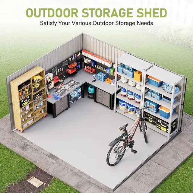 Alt view image 5 of 7 - 10 x 12 FT Outdoor Storage Shed, Nordic Cottage Metal Shed with Lockable Hinged Door, 2 Windows, Waterproof Storage Shed for Backyard, Garden, Patio, Dark Grey/White
