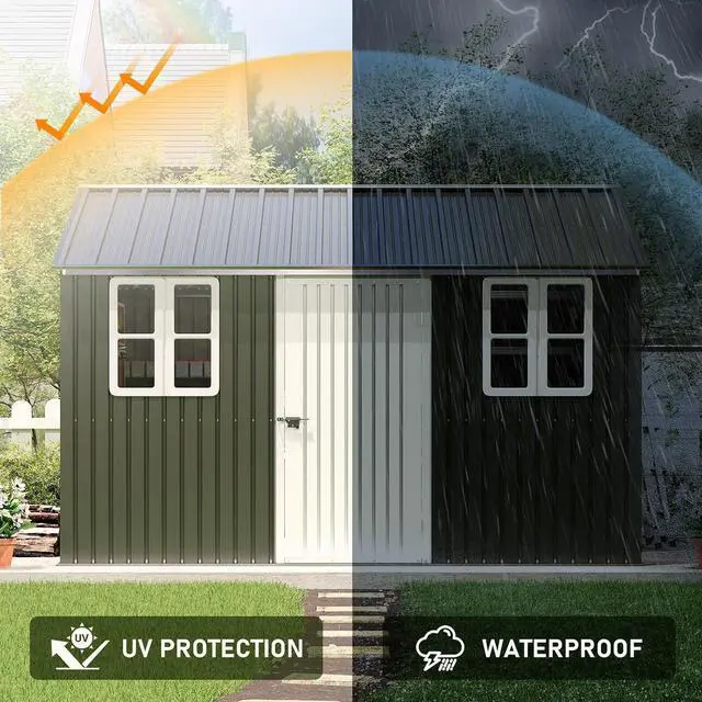 Alt view image 6 of 7 - 10 x 12 FT Outdoor Storage Shed, Nordic Cottage Metal Shed with Lockable Hinged Door, 2 Windows, Waterproof Storage Shed for Backyard, Garden, Patio, Dark Grey/White