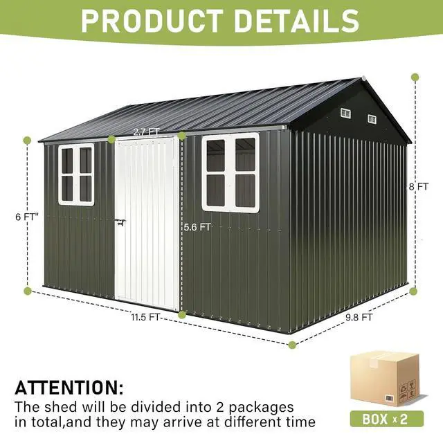 Alt view image 7 of 7 - 10 x 12 FT Outdoor Storage Shed, Nordic Cottage Metal Shed with Lockable Hinged Door, 2 Windows, Waterproof Storage Shed for Backyard, Garden, Patio, Dark Grey/White