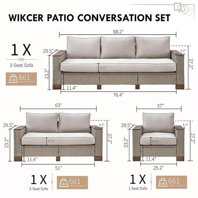 Alt view image 2 of 7 - 6-Piece Wicker Patio Furniture Set with Solid Wood Armrest, Outdoor Patio Set with Thick Legs, UV-Resistant Modular Outdoor Sectional Sofa for Backyard, Porch, Garden