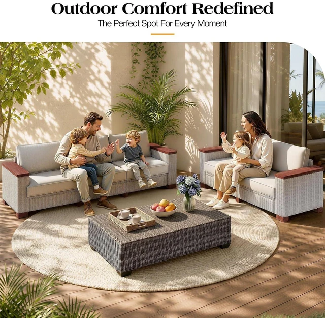 Alt view image 3 of 7 - 5-Piece Wicker Patio Furniture Set with Solid Wood Armrest, Outdoor Patio Set with Thick Legs, UV-Resistant Modular Outdoor Sectional Sofa for Backyard, Porch, Garden