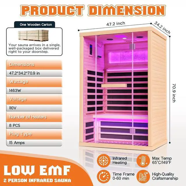 Alt view image 2 of 7 - Infrared Sauna 2 Person, Infrared Saunas for Home & Gym, Low EMF 110V Canadian Hemlock Wood Indoor Dry Sauna with Salt Crystal Bricks, 8 Carbon Panels & 7-Color Light Therapy, 47.2"x34.2"x70.9"