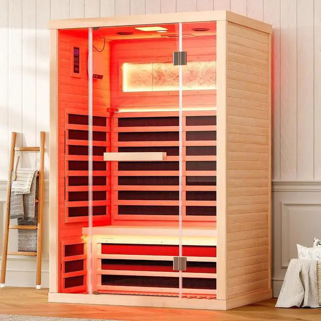 Main image of Infrared Sauna 2 Person, Infrared Saunas for Home & Gym, Low EMF 110V Canadian Hemlock Wood Indoor Dry Sauna with Salt Crystal Bricks, 8 Carbon Panels & 7-Color Light Therapy, 47.2"x34.2"x70.9"