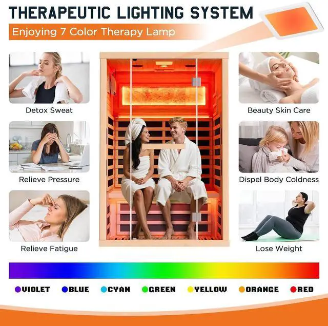 Alt view image 4 of 7 - Infrared Sauna 2 Person, Infrared Saunas for Home & Gym, Low EMF 110V Canadian Hemlock Wood Indoor Dry Sauna with Salt Crystal Bricks, 8 Carbon Panels & 7-Color Light Therapy, 47.2"x34.2"x70.9"