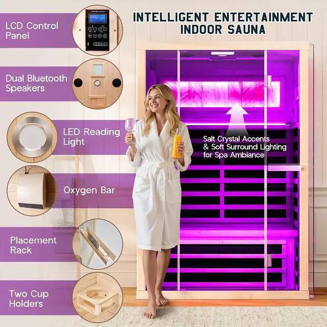 Alt view image 5 of 7 - Infrared Sauna 2 Person, Infrared Saunas for Home & Gym, Low EMF 110V Canadian Hemlock Wood Indoor Dry Sauna with Salt Crystal Bricks, 8 Carbon Panels & 7-Color Light Therapy, 47.2"x34.2"x70.9"