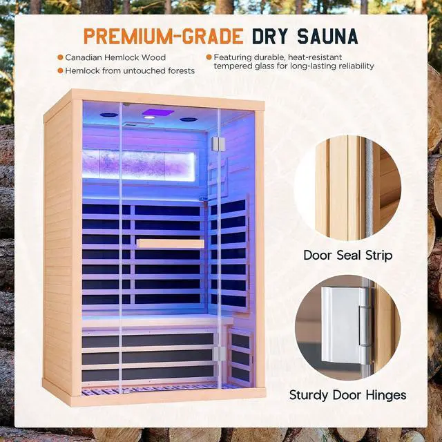 Alt view image 7 of 7 - Infrared Sauna 2 Person, Infrared Saunas for Home & Gym, Low EMF 110V Canadian Hemlock Wood Indoor Dry Sauna with Salt Crystal Bricks, 8 Carbon Panels & 7-Color Light Therapy, 47.2"x34.2"x70.9"