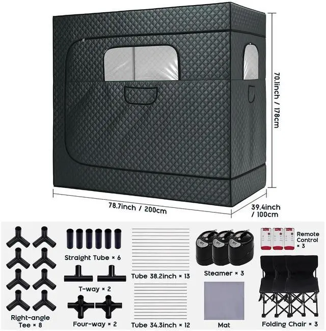 Alt view image 2 of 7 - 3 Person Steam Sauna for Home, Portable Sauna Tent with 3L 1500W Steamer, Extra Large Size 6.6 x 3.3 x 5.8 Full Body Home Spa, Remote Control, Folding Chair, Grey