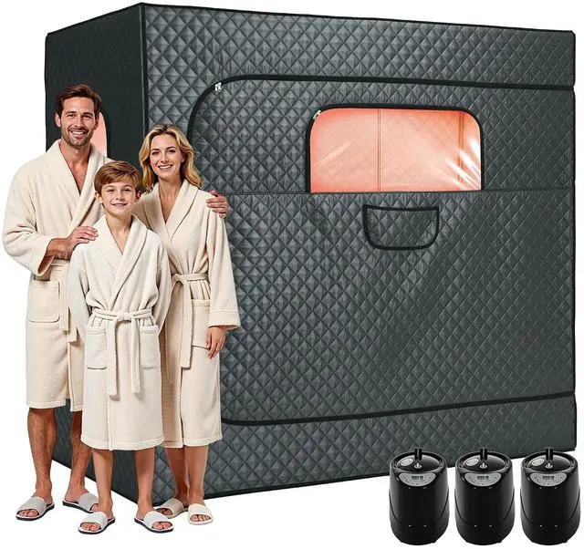 Main image of 3 Person Steam Sauna for Home, Portable Sauna Tent with 3L 1500W Steamer, Extra Large Size 6.6 x 3.3 x 5.8 Full Body Home Spa, Remote Control, Folding Chair, Grey