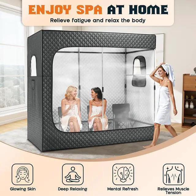 Alt view image 7 of 7 - 3 Person Steam Sauna for Home, Portable Sauna Tent with 3L 1500W Steamer, Extra Large Size 6.6 x 3.3 x 5.8 Full Body Home Spa, Remote Control, Folding Chair, Grey