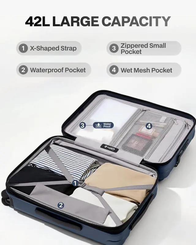 Alt view image 7 of 7 - Carry On Luggage Suitcase : 22x14x9 Airline Approved Travel Luggage with Spinner Wheels, Front Pocket Expandable Hardshell Suitcases with TSA Lock Blue