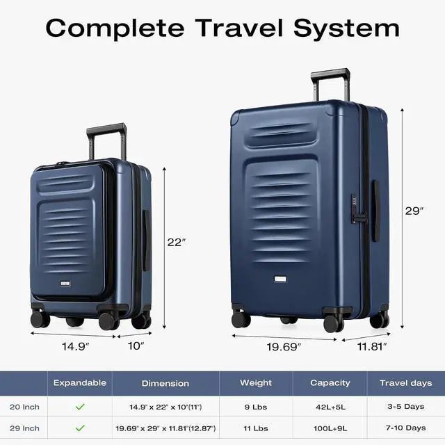Alt view image 7 of 7 - Luggage Sets Checked Suitcases - 2 Piece, Travel Carry on with Spinner Wheels, Expandable Hardside Large Suitcase with TSA Lock,20+29 Inch Blue