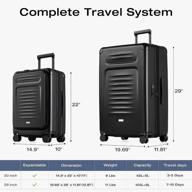 Alt view image 7 of 7 - Luggage Sets Checked Suitcases - 2 Piece, Travel Carry on with Spinner Wheels, Expandable Hardside Large Suitcase with TSA Lock,20+29 Inch Black