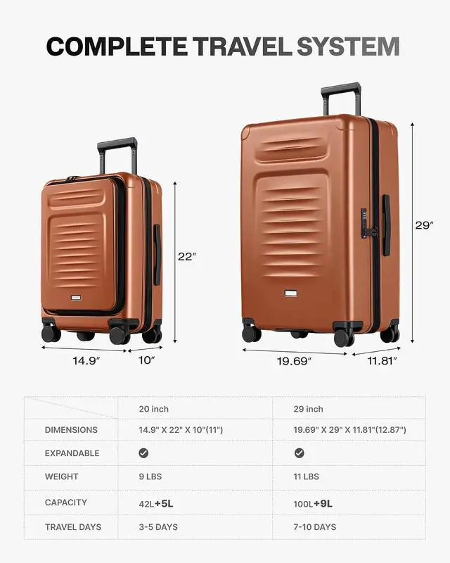 Alt view image 7 of 7 - Luggage Sets Checked Suitcases - 2 Piece, Travel Carry on with Spinner Wheels, Expandable Hardside Large Suitcase with TSA Lock,20+29 Inch Orange
