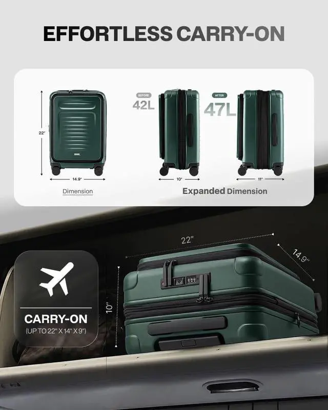 Alt view image 3 of 7 - Carry On Luggage Suitcase : 22x14x9 Airline Approved Travel Luggage with Spinner Wheels, Front Pocket Expandable Hardshell Suitcases with TSA Lock Green