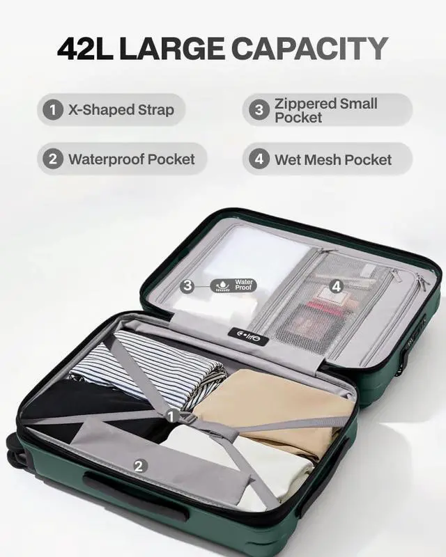 Alt view image 7 of 7 - Carry On Luggage Suitcase : 22x14x9 Airline Approved Travel Luggage with Spinner Wheels, Front Pocket Expandable Hardshell Suitcases with TSA Lock Green