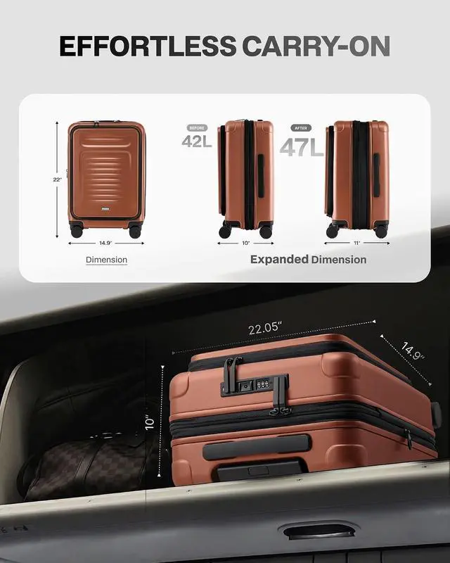 Alt view image 3 of 7 - Carry On Luggage Suitcase : 22x14x9 Airline Approved Travel Luggage with Spinner Wheels, Front Pocket Expandable Hardshell Suitcases with TSA Lock Orange