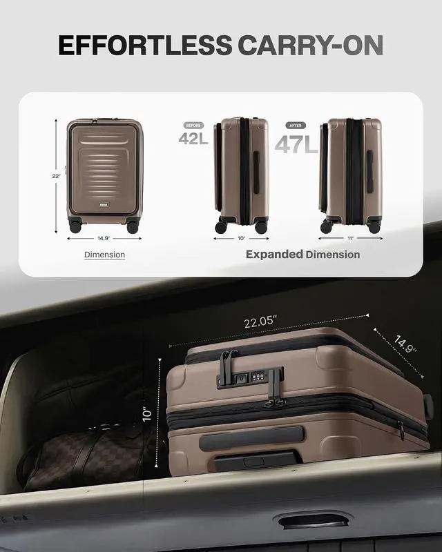 Alt view image 3 of 7 - Carry On Luggage Suitcase : 22x14x9 Airline Approved Travel Luggage with Spinner Wheels, Front Pocket Expandable Hardshell Suitcases with TSA Lock Apricot