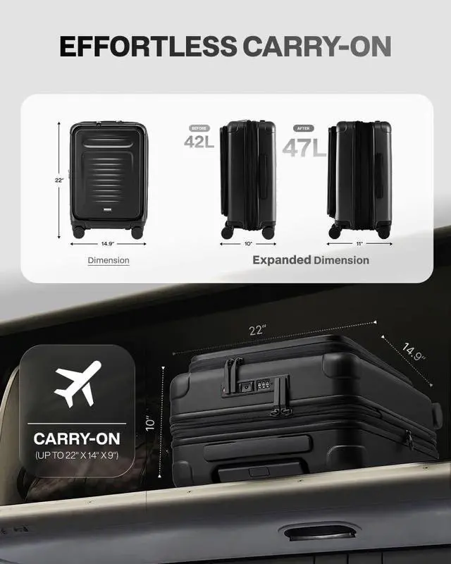 Alt view image 3 of 7 - Carry On Luggage Suitcase : 22x14x9 Airline Approved Travel Luggage with Spinner Wheels, Front Pocket Expandable Hardshell Suitcases with TSA Lock Black