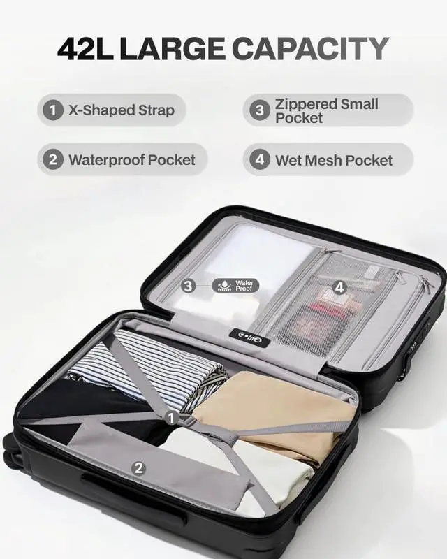 Alt view image 7 of 7 - Carry On Luggage Suitcase : 22x14x9 Airline Approved Travel Luggage with Spinner Wheels, Front Pocket Expandable Hardshell Suitcases with TSA Lock Black