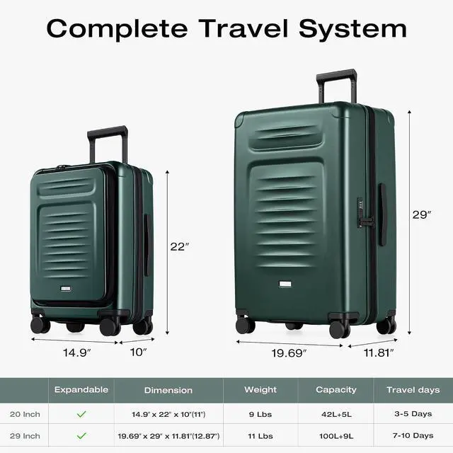 Alt view image 7 of 7 - Luggage Sets Checked Suitcases - 2 Piece, Travel Carry on with Spinner Wheels, Expandable Hardside Large Suitcase with TSA Lock,20+29 Inch Green