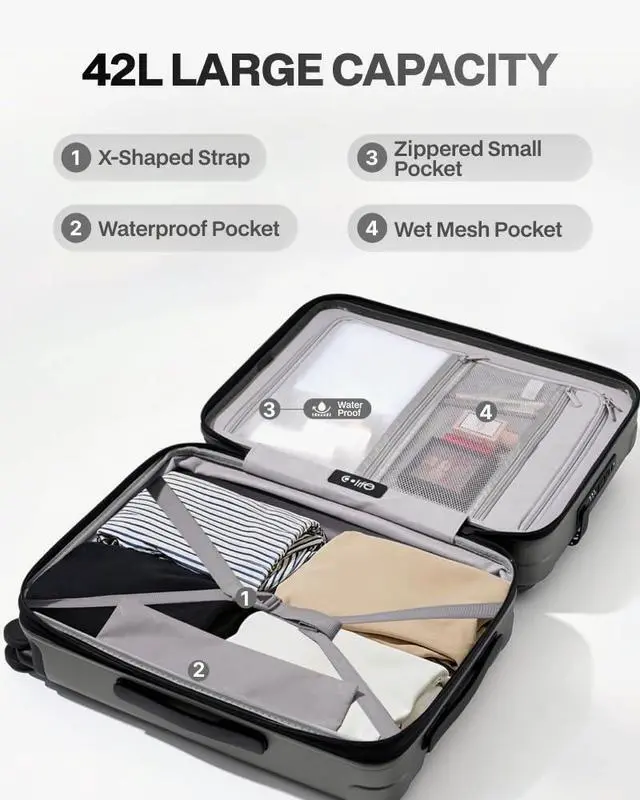 Alt view image 7 of 7 - Carry On Luggage Suitcase : 22x14x9 Airline Approved Travel Luggage with Spinner Wheels, Front Pocket Expandable Hardshell Suitcases with TSA Lock Grey