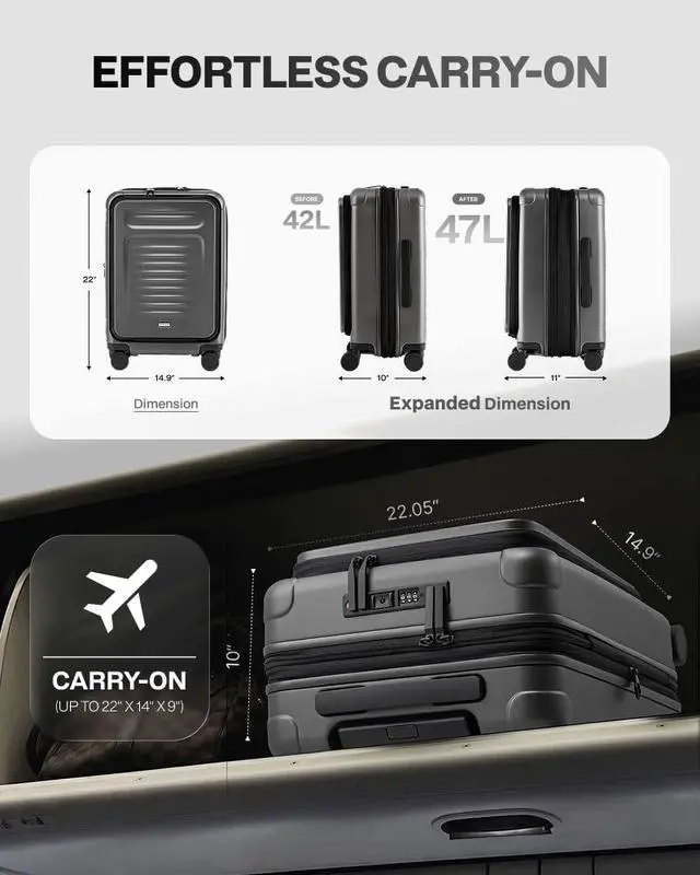 Alt view image 3 of 7 - Carry On Luggage Suitcase : 22x14x9 Airline Approved Travel Luggage with Spinner Wheels, Front Pocket Expandable Hardshell Suitcases with TSA Lock Grey