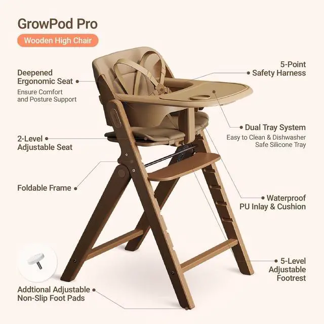 Alt view image 6 of 7 - Mamazing GrowPod Pro Wooden Baby High Chair for 6 Months to 220lbs, Easy to Clean with Tray, Compact Foldable Highchair for Kitchen & Dining Room, with 5-Point Safety Harnesses and Guard Bar