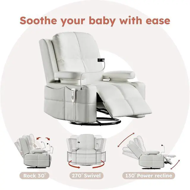 Alt view image 6 of 7 - MAMAZING Lullapod Power Nursery Recliner Rocking Chair, Triple Motor Power Recliner with HugAssist Armrest, 270° Swivel Glider and Quiet Rocking Chair Nursery with Dual Charging Port and Storage